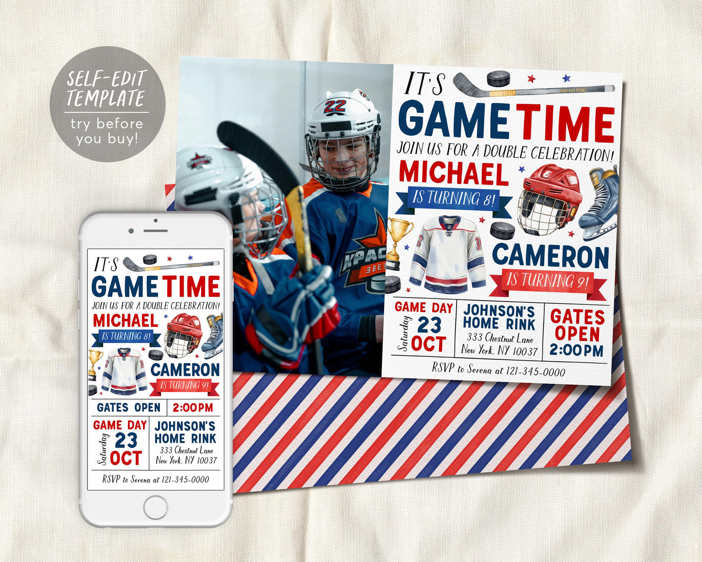 Ice Hockey Joint Siblings Birthday Invitation With Photo Editable Template