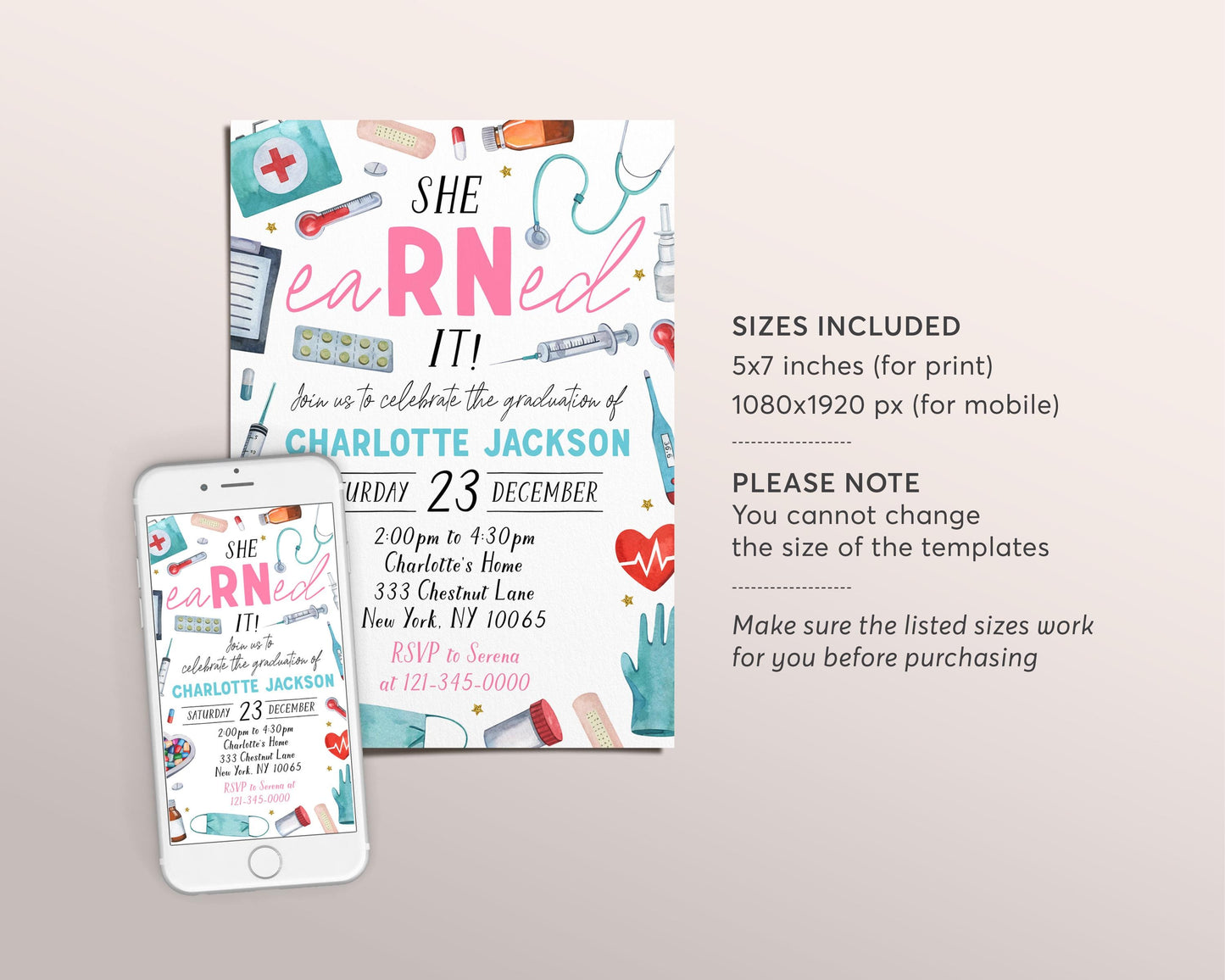 Nurse Graduation Invitation Editable Template, She eaRNed It RN Graduation Announcement Party Invite Registered Nurse Pinning Ceremony Evite