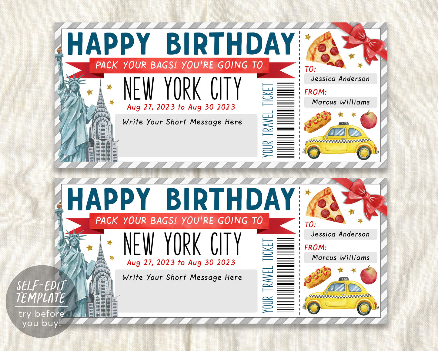 New York City Trip Ticket Editable Template, Birthday Anniversary Surprise Travel Vacation Gift Certificate, NYC Trip Reveal, Pack Your Bags