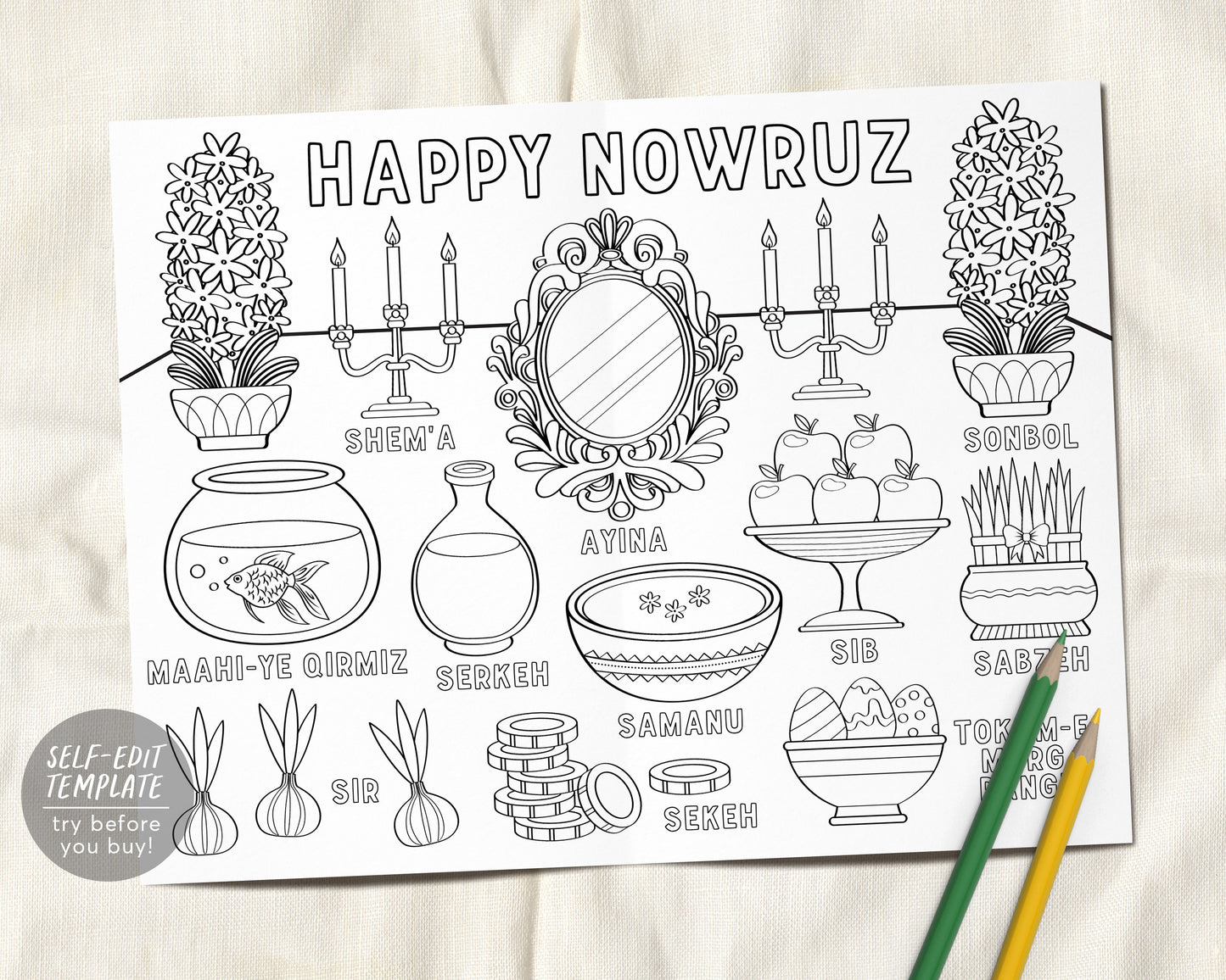 Nowruz Mubarak Happy Persian New Year Party Coloring Placemat For Kids Editable Template Haft Sin Spread Table Coloring Page Craft Activity