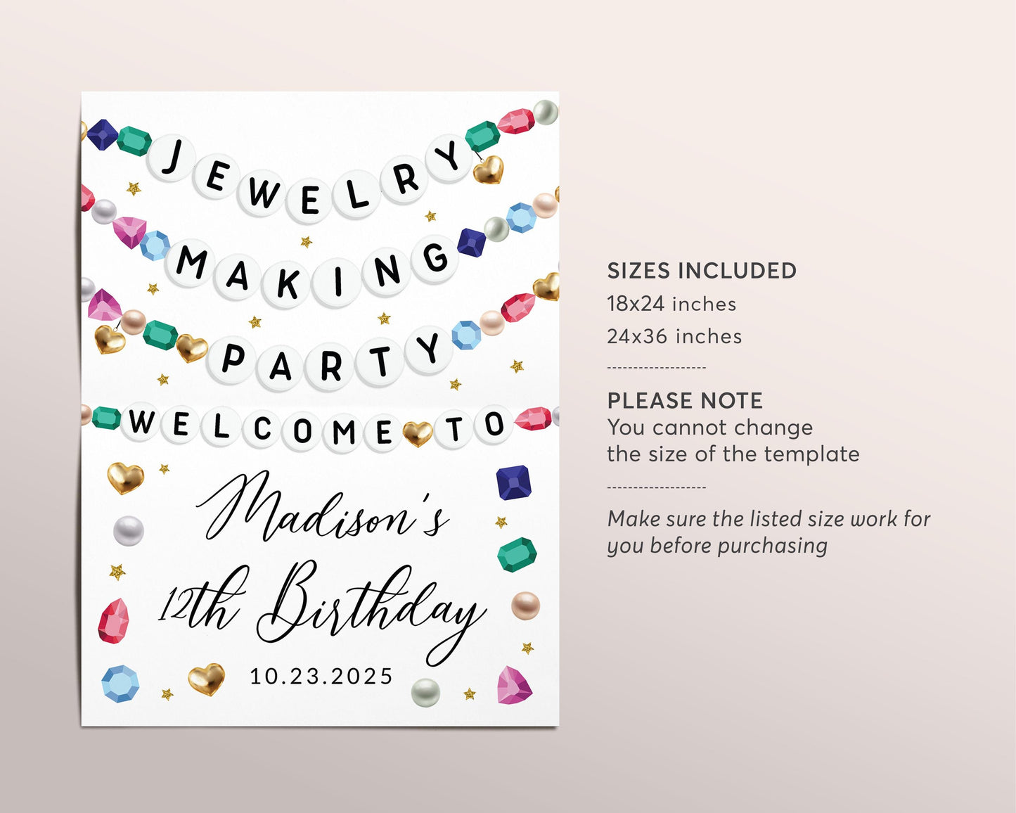 Jewelry Making Party Welcome Sign Editable Template, Bracelet Making Workshop Birthday Poster, Friendship Bracelet Beads Gems Board Banner