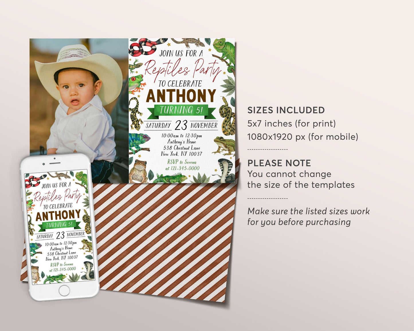 Reptiles Birthday Invitation With Photo Editable Template, Boy Reptile Nature Theme Party Invite, Kids Snake Lizard Frog Creepy Crawly Evite