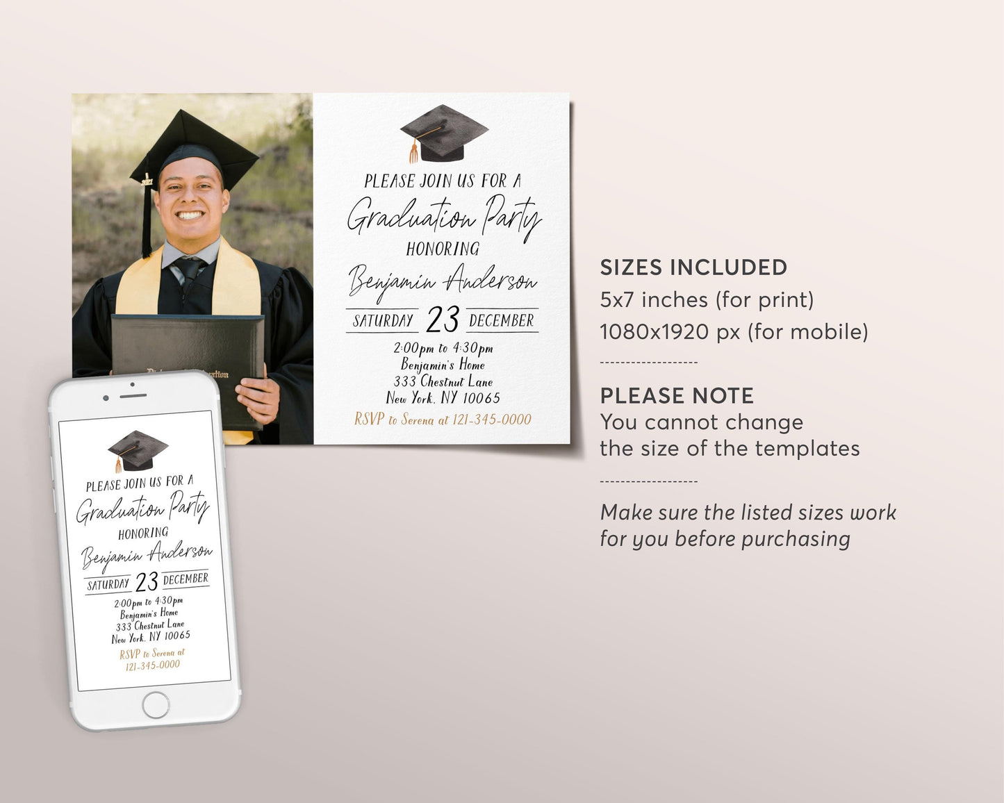 Graduation Invitation With Photo Editable Template, Grad Announcement Party Invite Him Her, Minimalist Grad Party College High School Evite