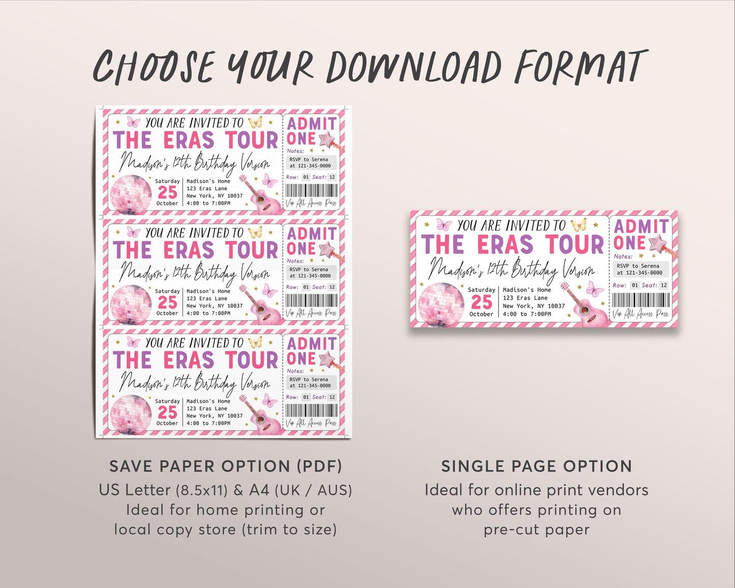 Eras Birthday Ticket Invitation Editable Template, Eras Tour Party Concert Invite, Music Ticket Stub Concert Keepsake Birthday Era Evite