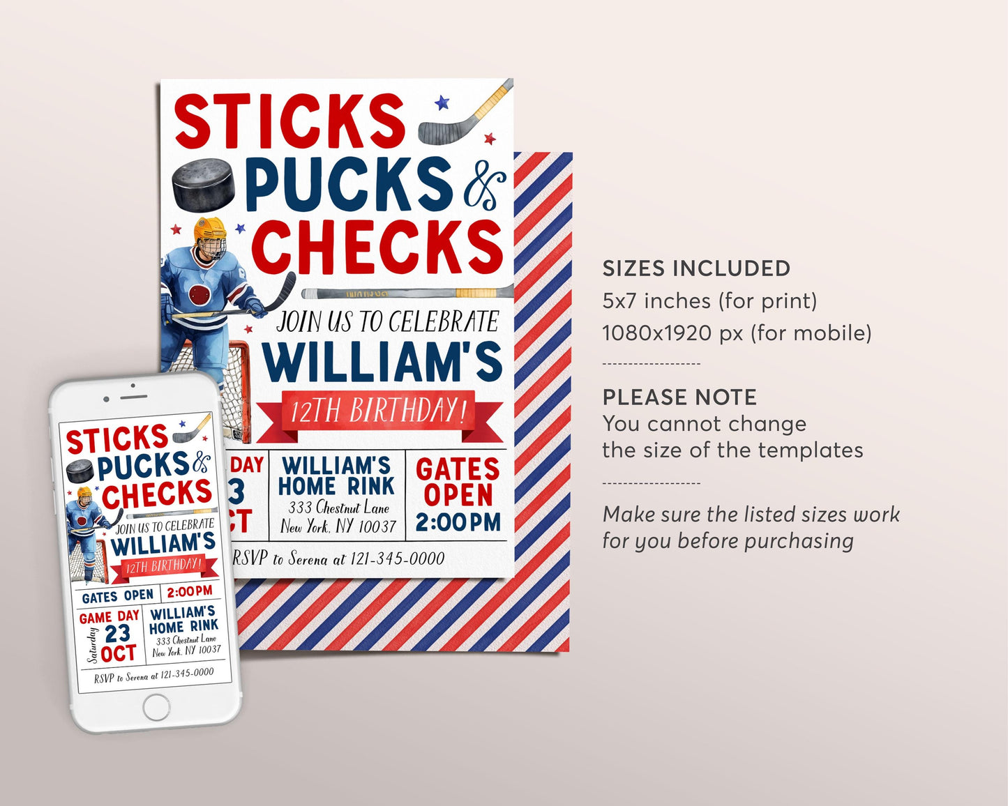 Ice Hockey Birthday Invitation Editable Template, Sticks Pucks Checks Ice Skating Rink Hockey Invite, Sports It's Game Time Helmet Evite