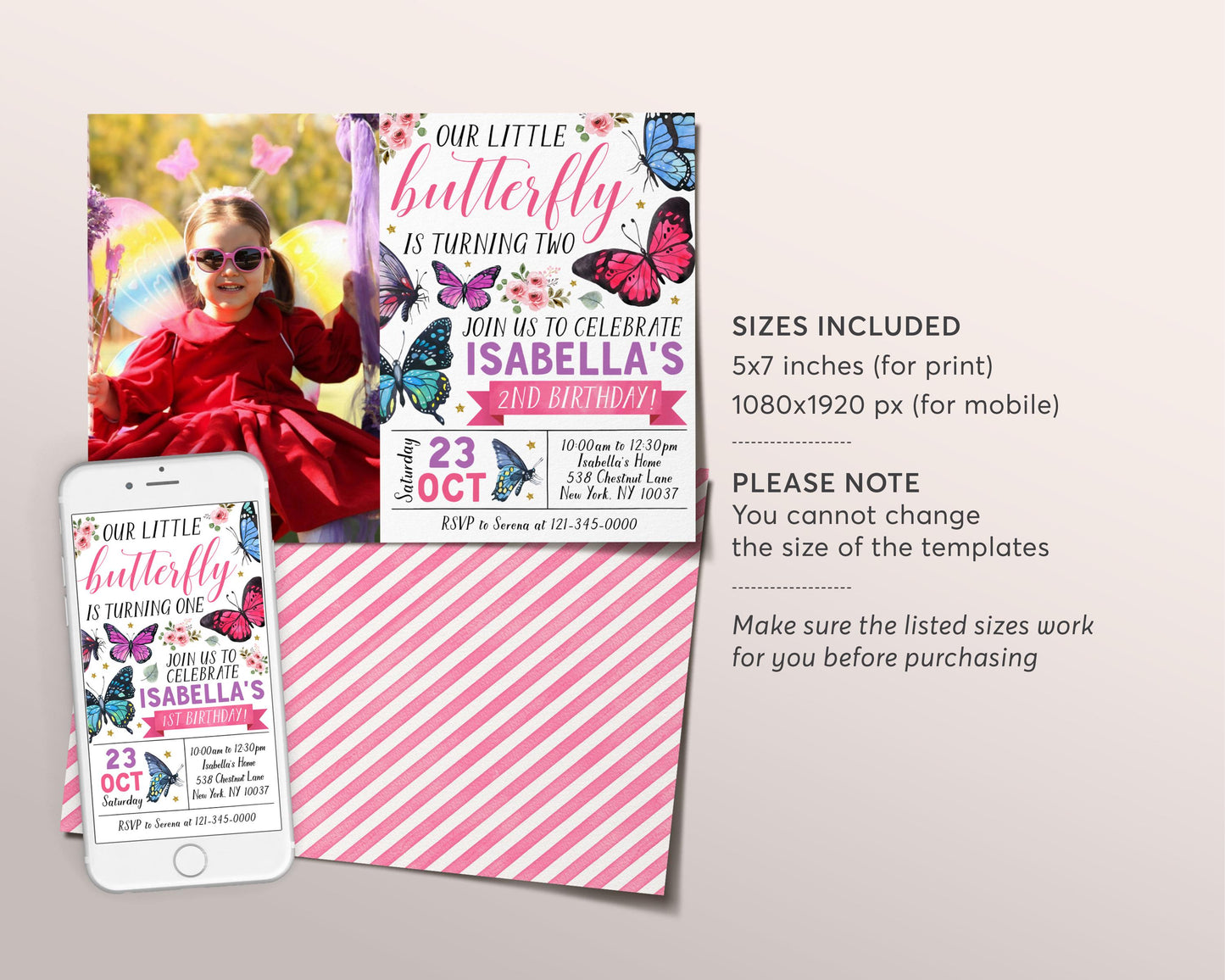 Little Butterfly Birthday Invitation With Photo Editable Template, Girl Floral Butterflies Party Invite, Kids Butterfly Garden Nature Evite