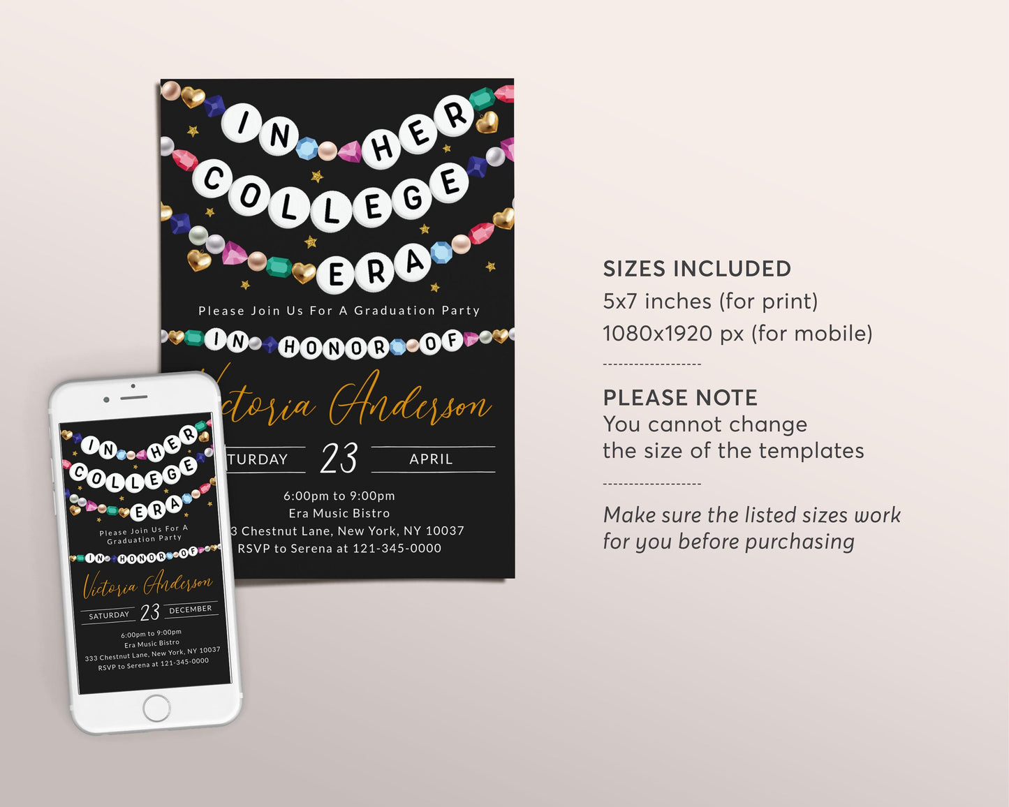 In Her College Era Birthday Invitation Editable Template, Graduation Announcement Friendship Bracelet Party Invite, Grad Black Gold Evite