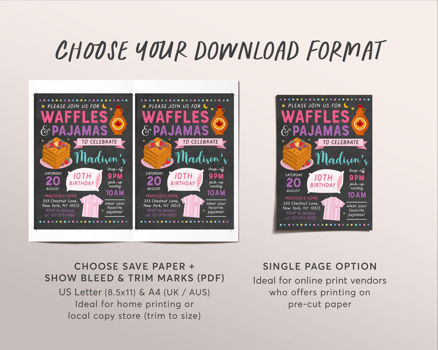 Waffles and Pajamas Party Birthday Invitation Editable Template, Girl Waffle And PJs Slumber Party Invite, Breakfast Brunch Sleepover Evite