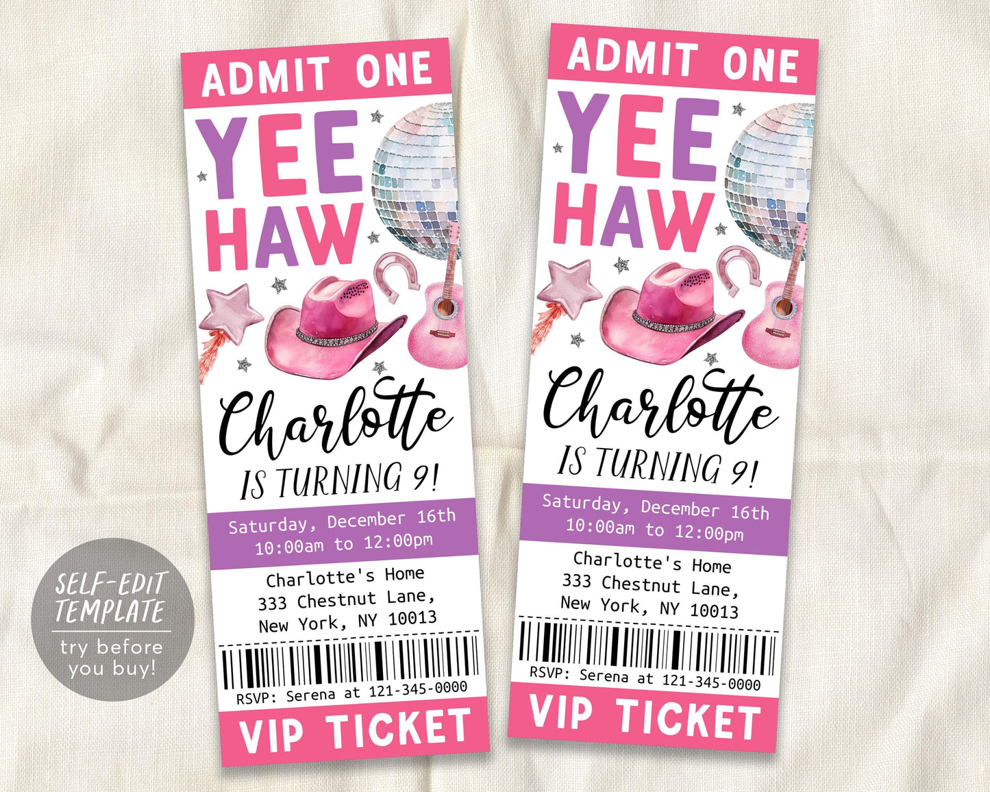 Space Cowgirl Birthday Ticket Invitation Editable Template