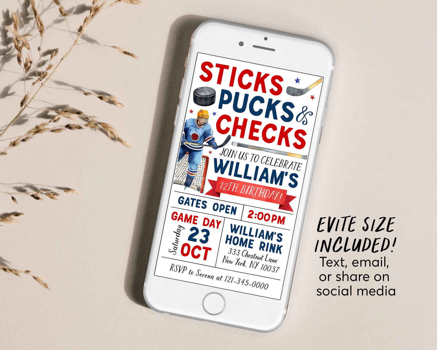 Ice Hockey Birthday Invitation Editable Template, Sticks Pucks Checks Ice Skating Rink Hockey Invite, Sports It's Game Time Helmet Evite