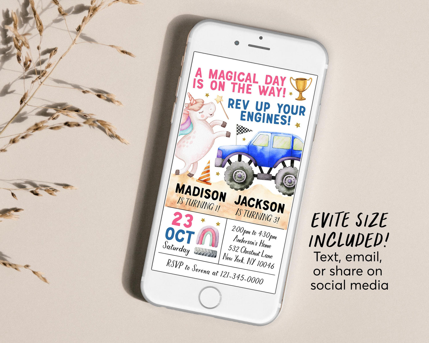 Unicorn And Monster Truck Joint Siblings Birthday Invitation Editable Template, Boy Girl Twins Rev Your Engines Magical Day Party Invite