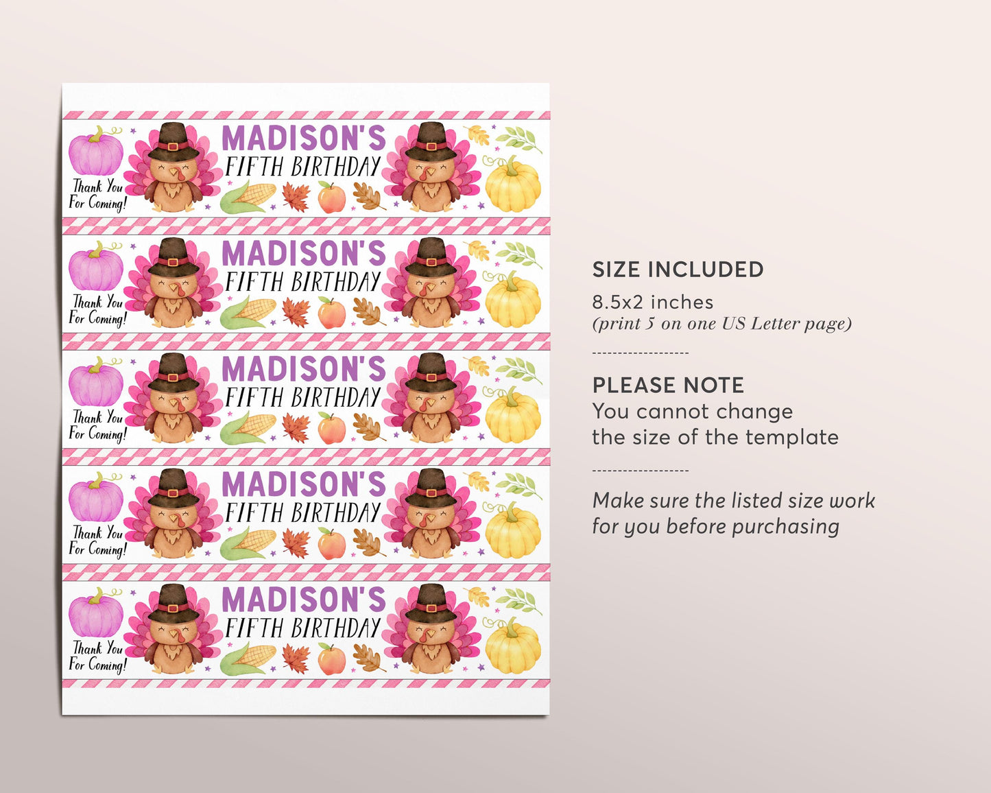 Little Turkey Water Bottle Labels Editable Template, Girl Thanksgiving Theme Birthday Bottle Wrapper Drink Tags, Autumn Fall Bottle Wraps