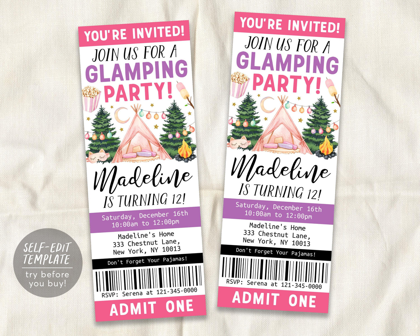 Glamping Birthday Ticket Invitation Editable Template