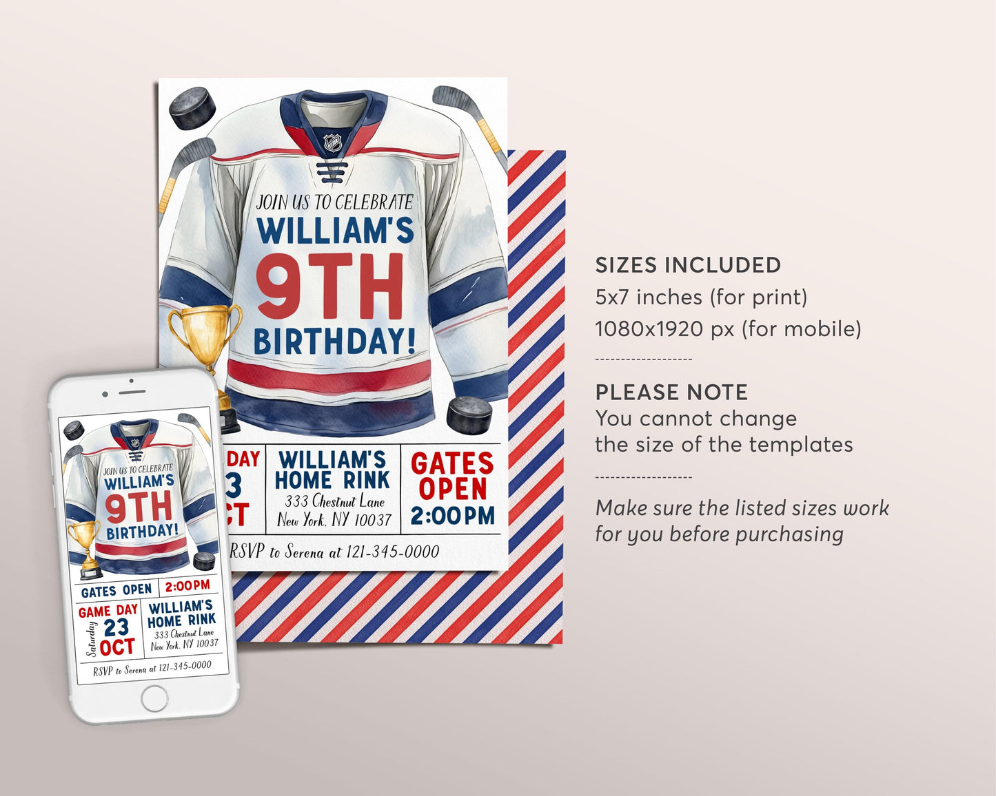 Hockey Birthday Invitation Editable Template, Boy Ice Skating Rink Ice Hockey Jersey Theme Invite, Sports Game Time Puck Stick Trophy Evite