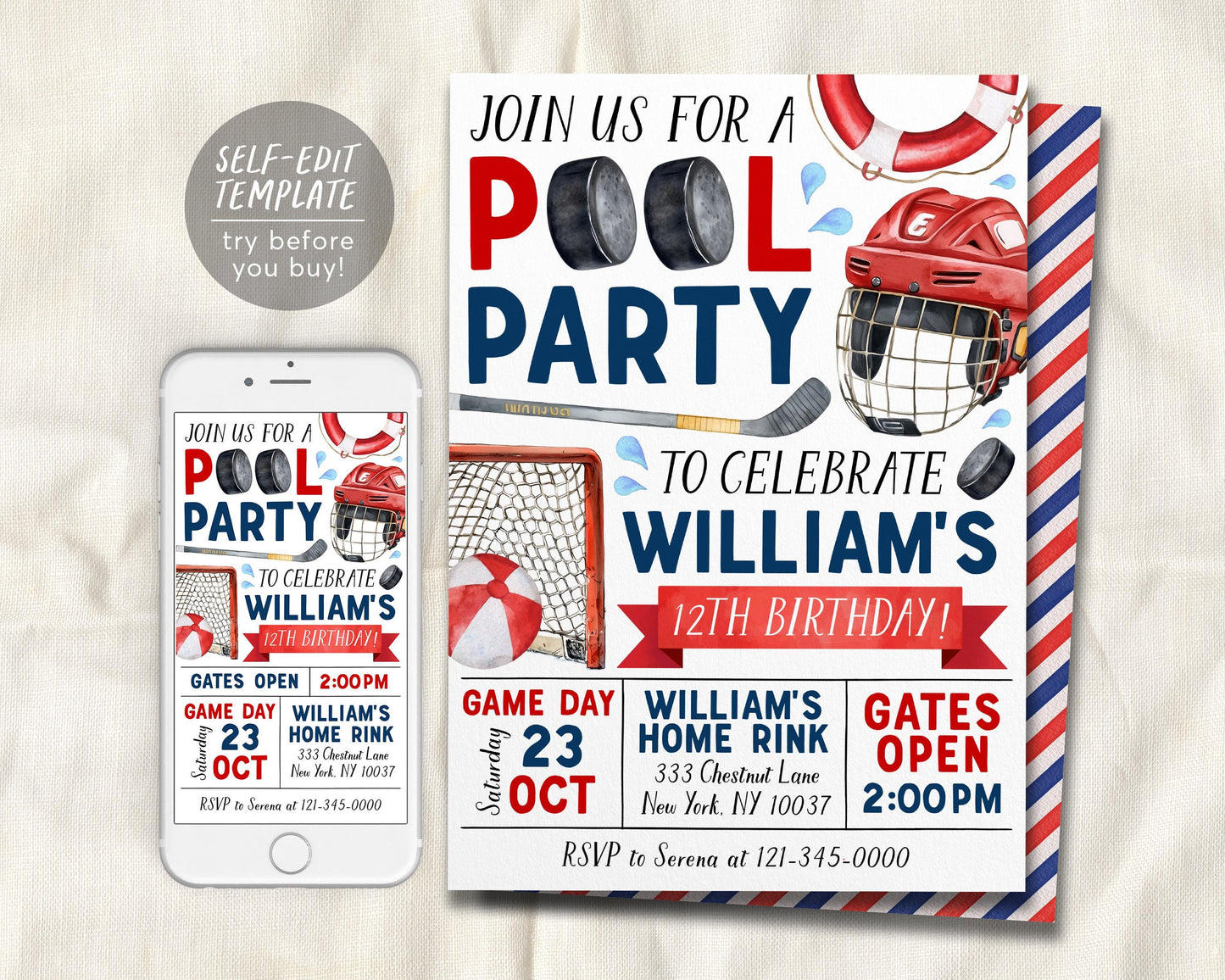 Hockey Pool Party Birthday Invitation Editable Template