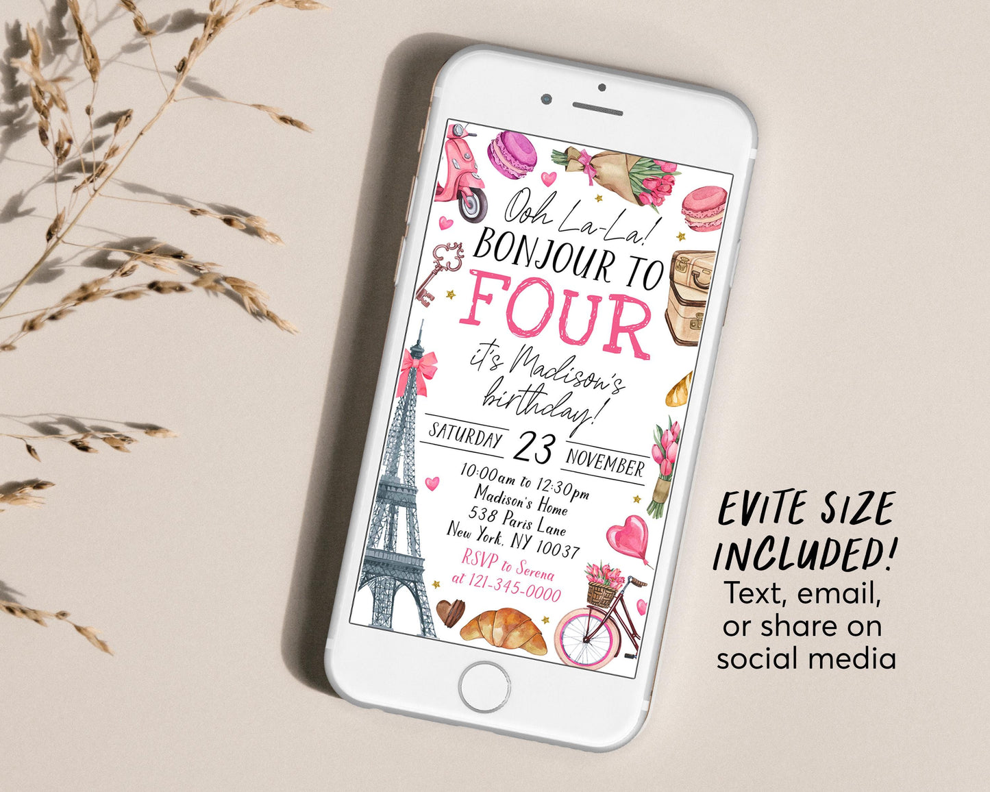 Paris Theme 4th Fourth Birthday Invitation Editable Template, Bonjour To Four Eiffel Tower Party Invite, Oh La La French Parisian Evite