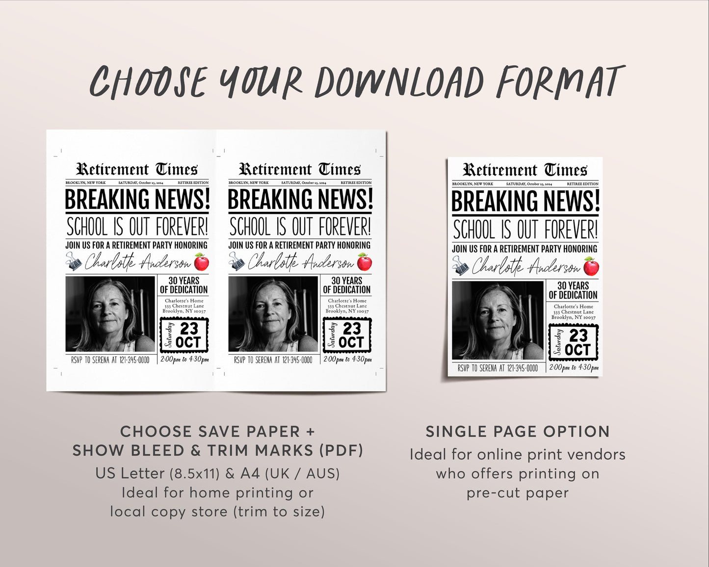 Teacher Retirement Invitation Editable Template, School Teacher Retire Party Newspaper Theme Invite, Surprise School's Out Forever Evite