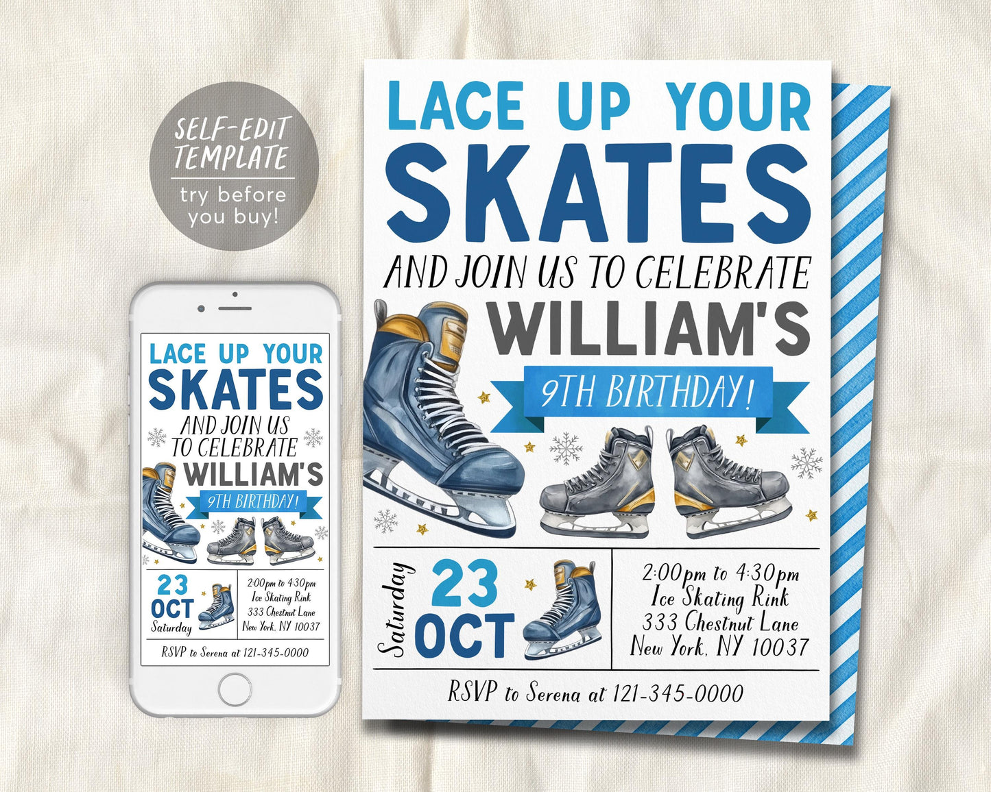 Ice Skating Birthday Invitation Editable Template