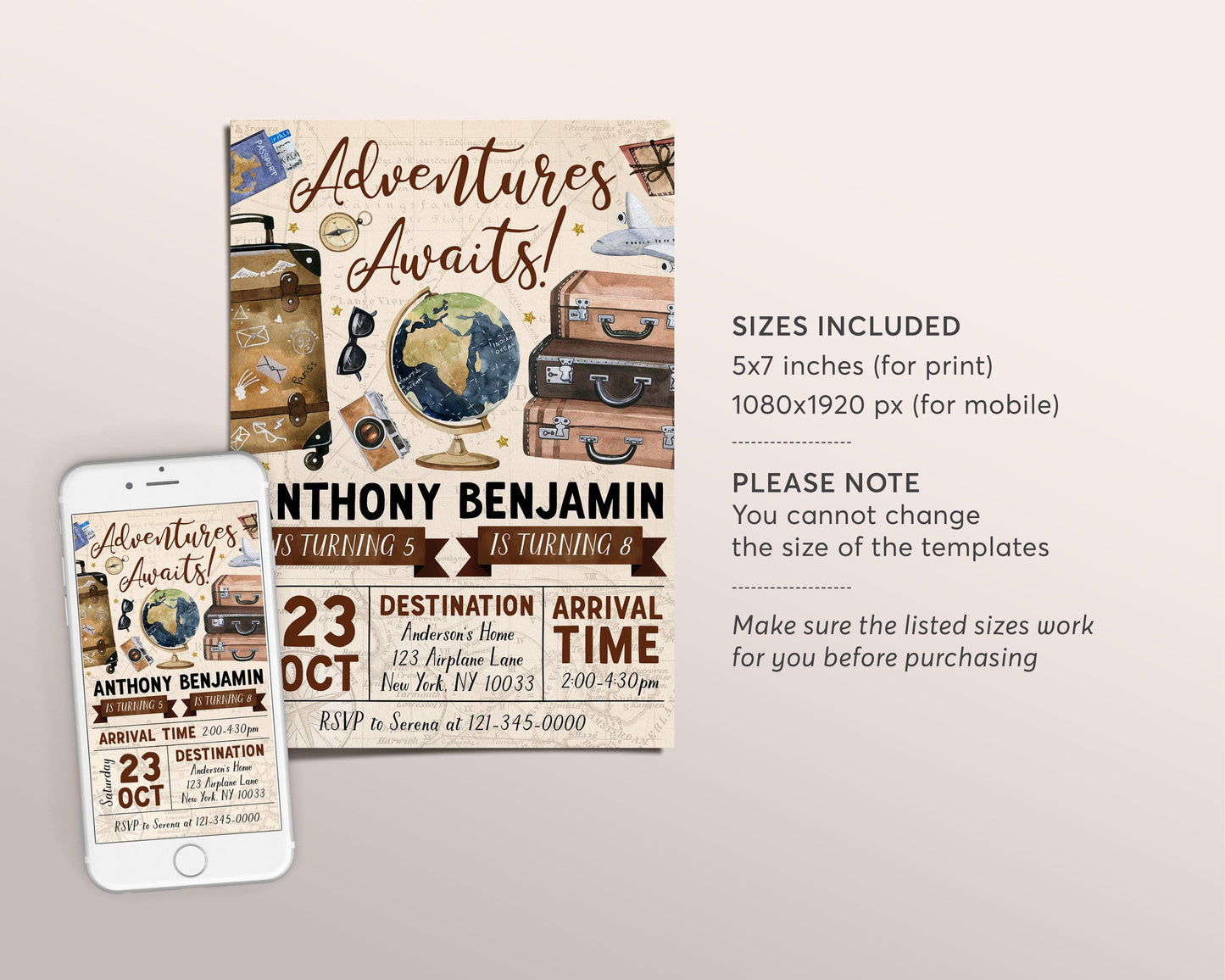 Adventure Awaits Travel Joint Siblings Birthday Invitation Editable Template, Twins Around the World Party Invite, Vintage Map Plane Evite