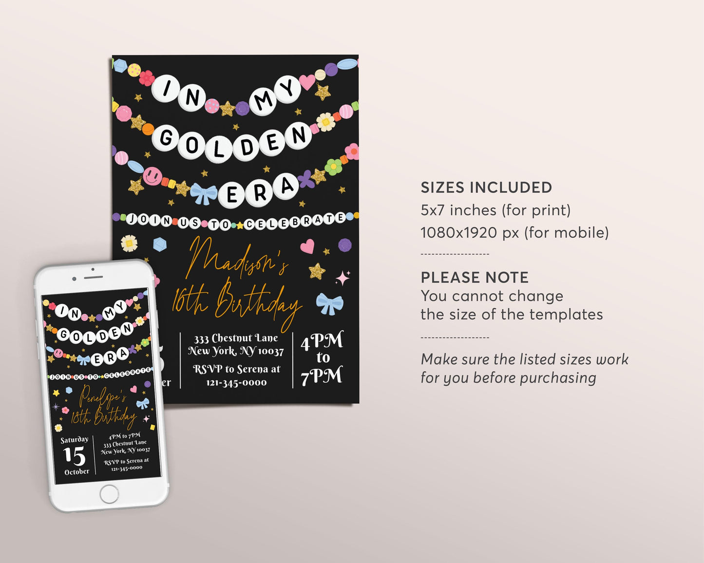 In My Golden Era Invitation Editable Template, Friendship Bracelet Party Invite, Tween Teen Birthday Girl Eras Music Themed Gold Party Evite