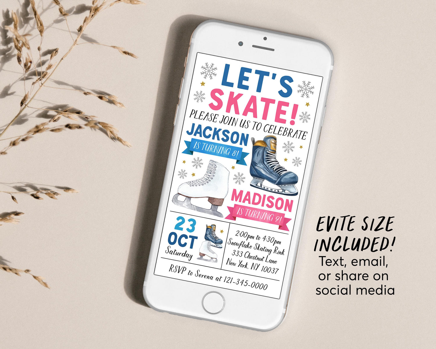 Ice Skating Joint Siblings Birthday Invitation Editable Template, Boy Girl Twins Ice Hockey Skating Party Invite, Sports Skate Rink Evite