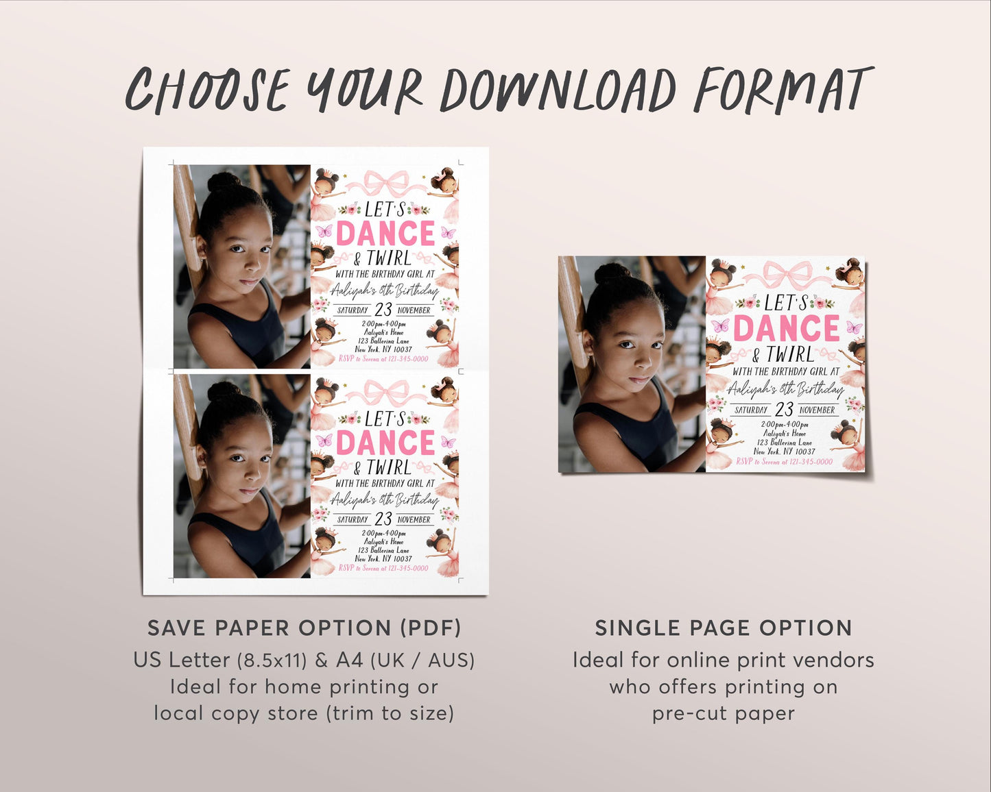Ballerina Birthday Invitation With Photo Editable Template, Let's Dance And Twirl Invite, Kids Ballet Pink Tutu Black Ballerina Dance Evite