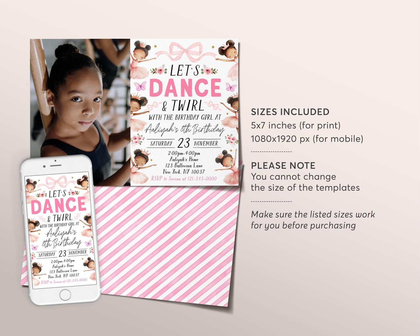 Ballerina Birthday Invitation With Photo Editable Template, Let's Dance And Twirl Invite, Kids Ballet Pink Tutu Black Ballerina Dance Evite