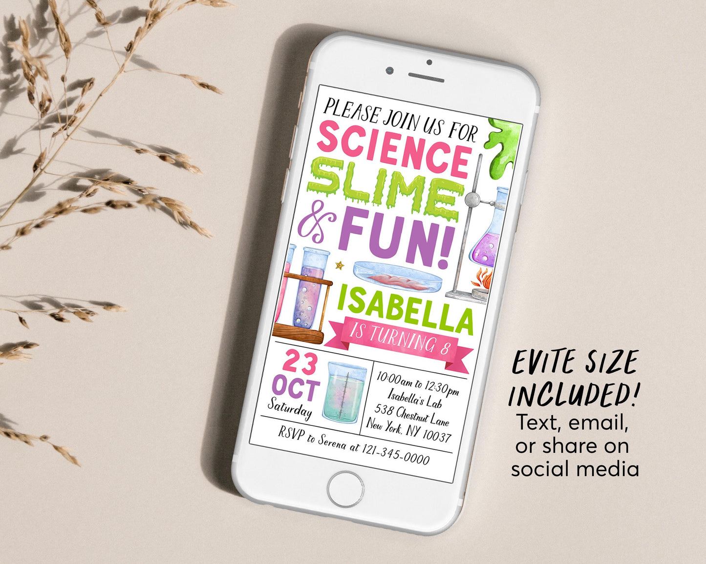 Science Slime Birthday Invitation With Photo Editable Template, Girl Scientist Slime Experiment Party Invite, Professor Science Lab Evite