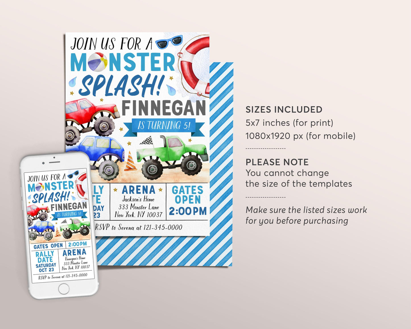 Monster Splash Pool Birthday Invitation Editable Template, Summer Monster Truck Pool Party Bash Invite, Boy Waterslide Swimming Party Evite