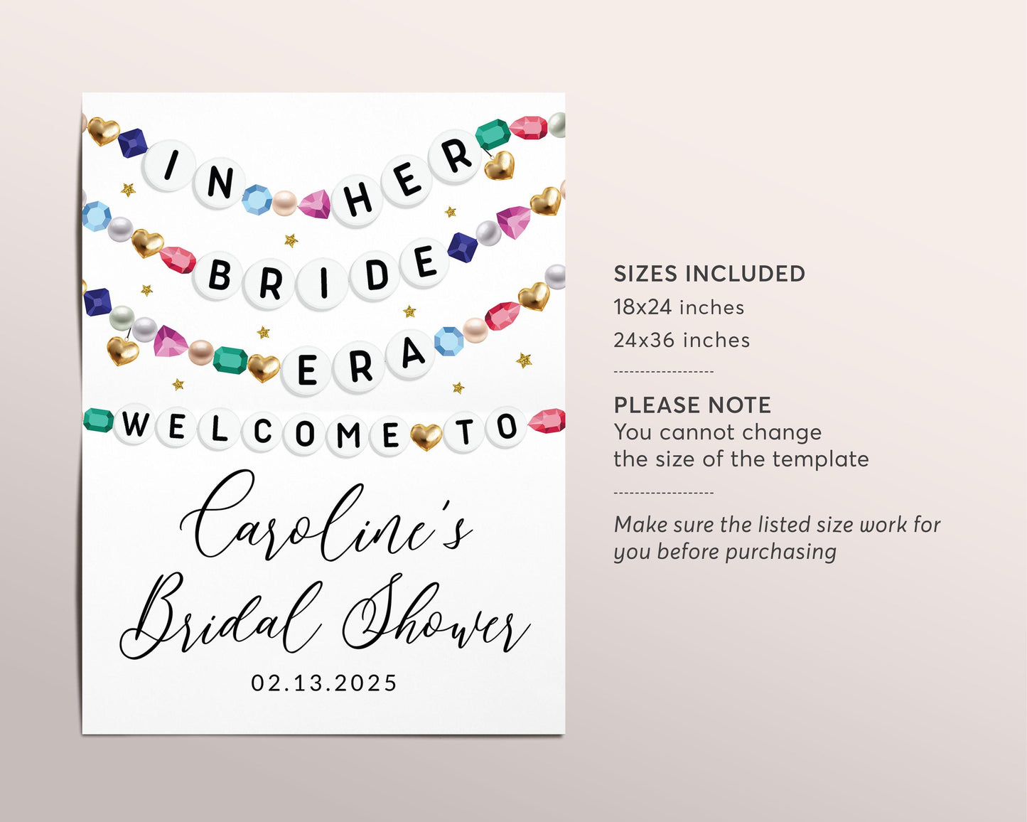In Her Bride Era Bridal Shower Welcome Sign Editable Template, Bachelorette Party Friendship Bracelet Poster, Eras Engaged Wedding Board