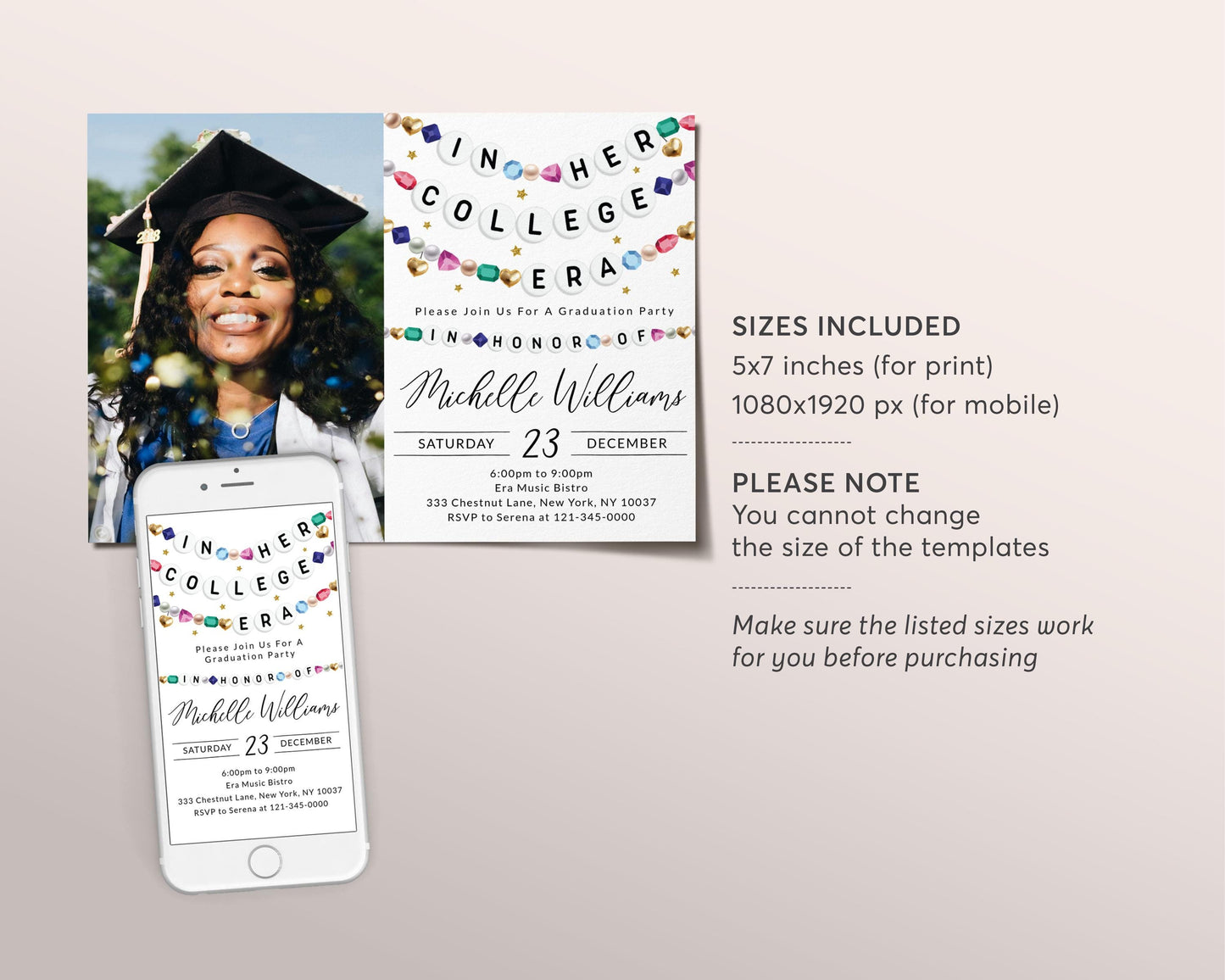 In Her College Era Invitation With Photo Editable Template, Graduation Announcement Friendship Bracelet Party Invite, Graduating Class Evite