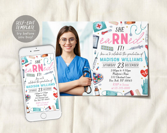 Nurse Graduation Invitation With Photo Editable Template