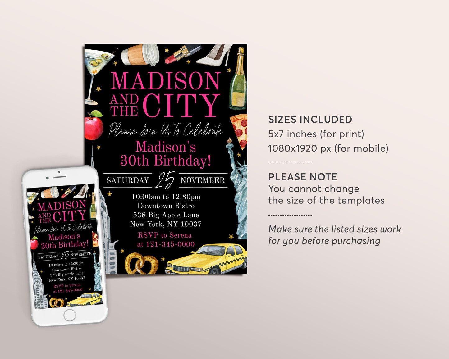 New York City Birthday Invitation Editable Template, And The City NYC Party Invite, Big Apple Adult Girls Night Out 30th Gold Black Evite