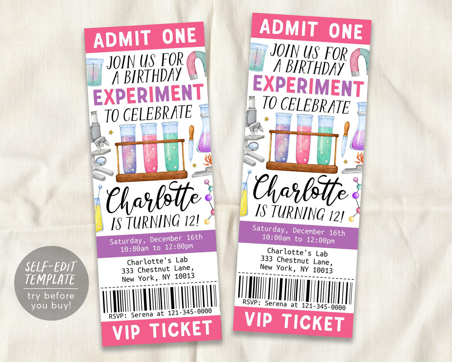 Science Birthday Ticket Invitation Editable Template