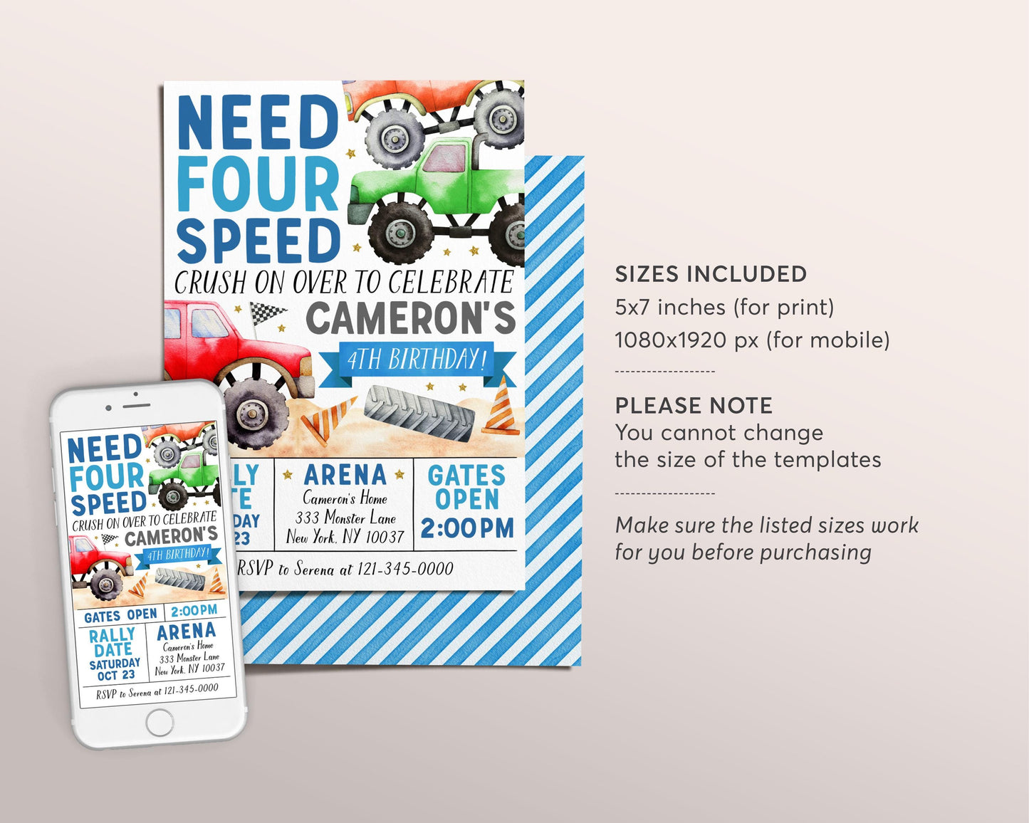 Monster Truck 4th Birthday Invitation Editable Template, Need Four Speed Party Bash Invite, Crush On Over Fourth Birthday Evite Printable