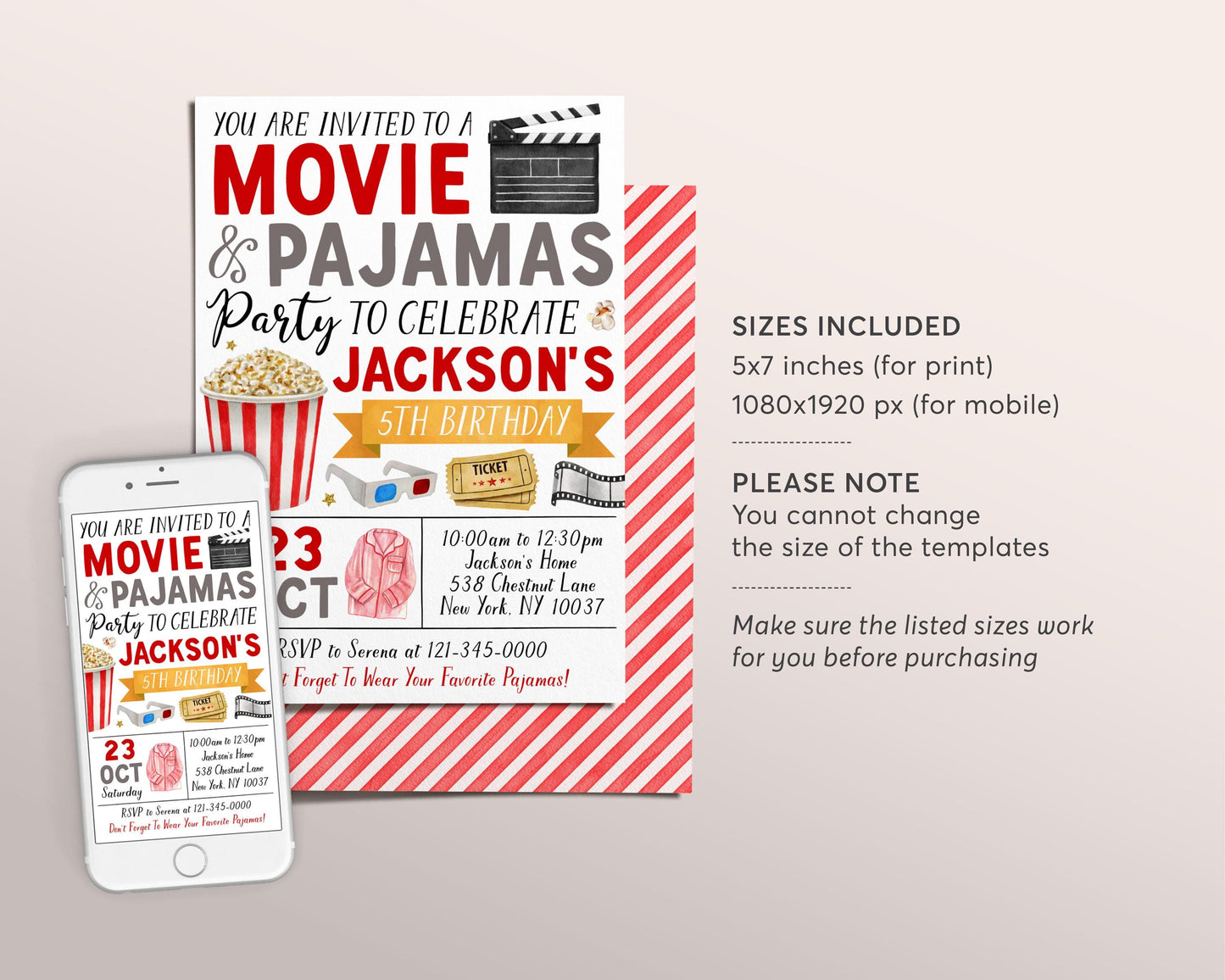 Movie and Pajamas Birthday Invitation Editable Template, Unisex Slumber Party Popcorn Cinema Movie Ticket Invite, Sleepover Kids Evite