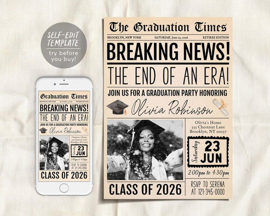 Graduation Vintage Newspaper Invitation Editable Template
