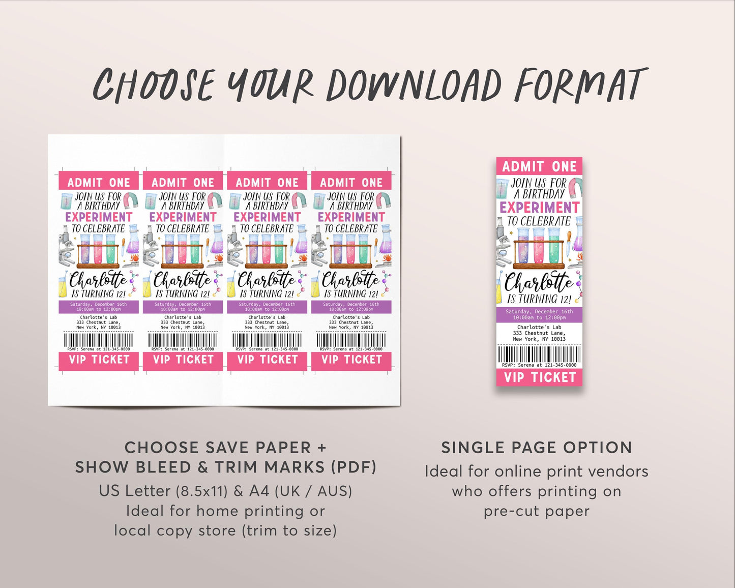 Science Birthday Ticket Invitation Editable Template, Girl Birthday Experiment Invite, Science Lab Calling All Mad Scientists Party Evite