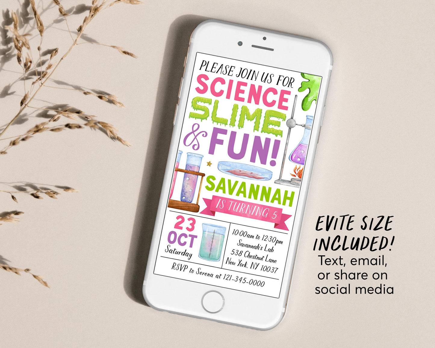 Science Slime Birthday Invitation Editable Template, Girl Scientist Slime Experiment Party Invite, Kids Professor Science Lab Party Evite
