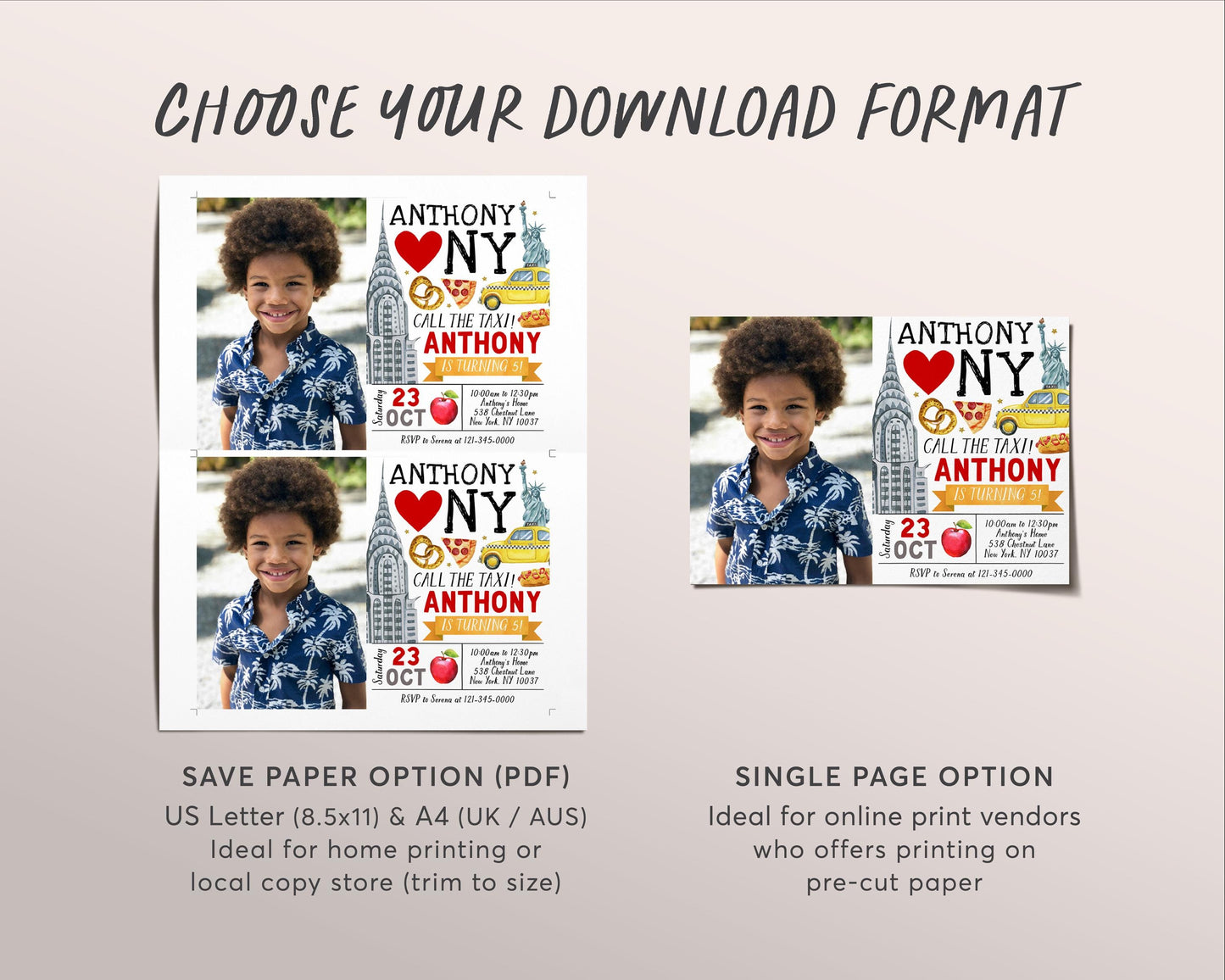 New York City Birthday Invitation With Photo Editable Template, Unisex NYC Party Invite, Big Apple Kids Tween Teen Evite, Pretzel Pizza Taxi