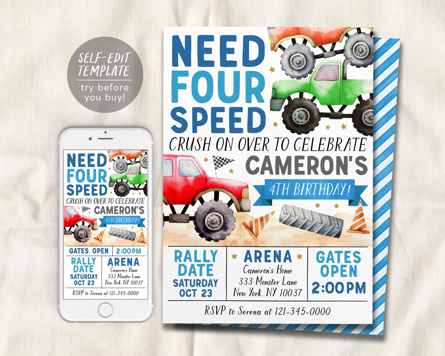 Monster Truck 4th Birthday Invitation Editable Template