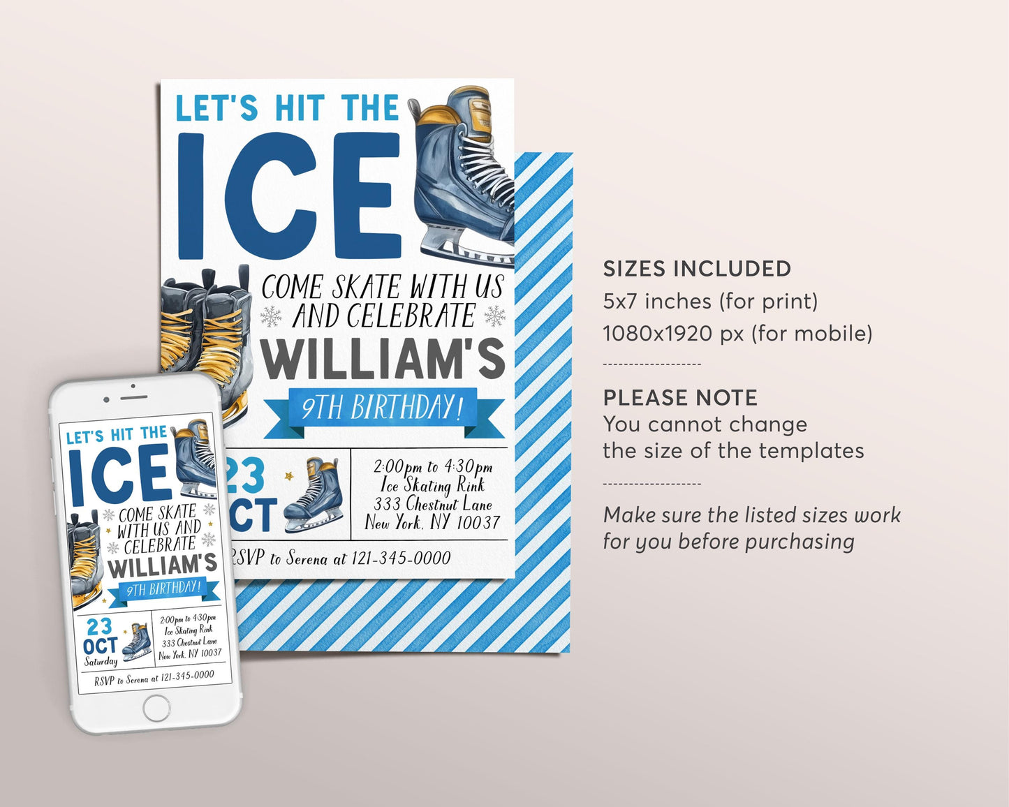 Ice Skating Birthday Invitation Editable Template, Boy Ice Hockey Skating Party Invite, Let's Hit The Ice Sports Winter Skate Rink Evite
