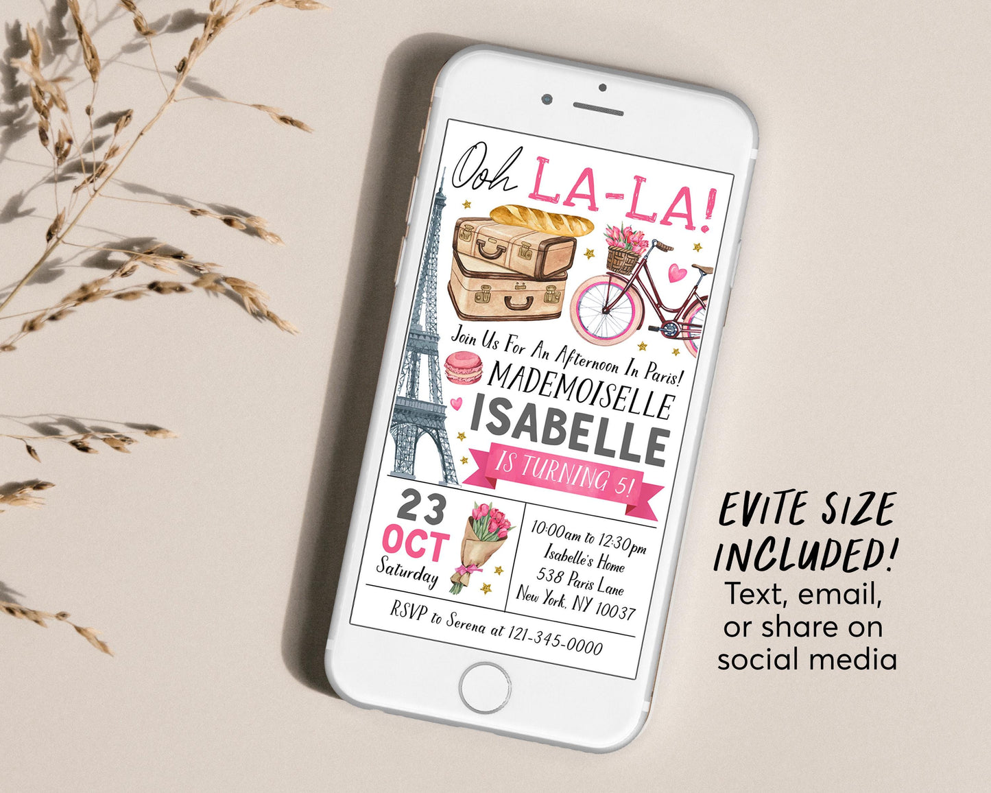 Paris Theme Birthday Invitation Editable Template, Oh La La Eiffel Tower Party Invite, French France Parisian Kids Tween Bow Floral Evite