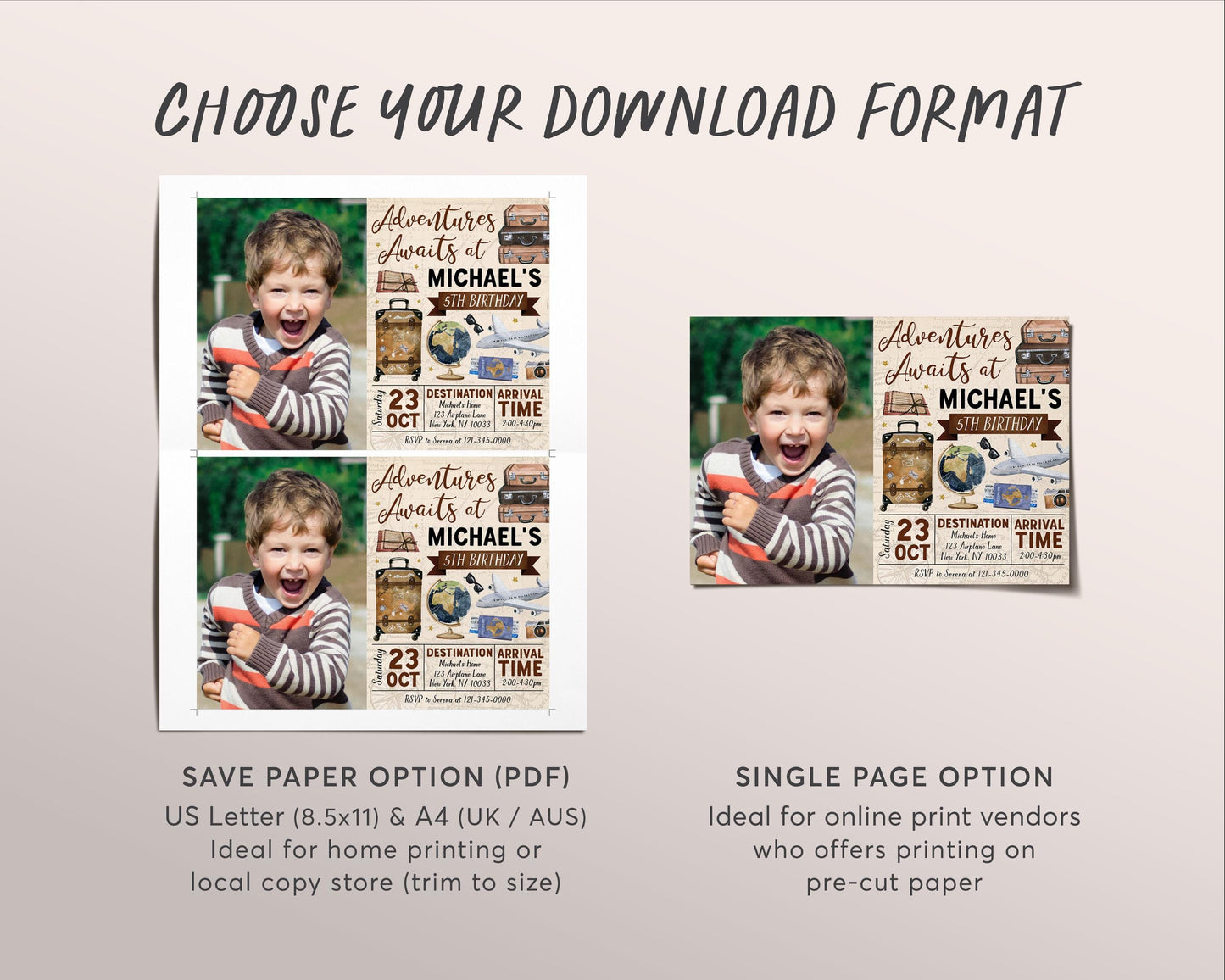 Adventure Awaits Travel Birthday Invitation With Photo Editable Template, Around the World Party Invite, Vintage Map Passport Plane Evite