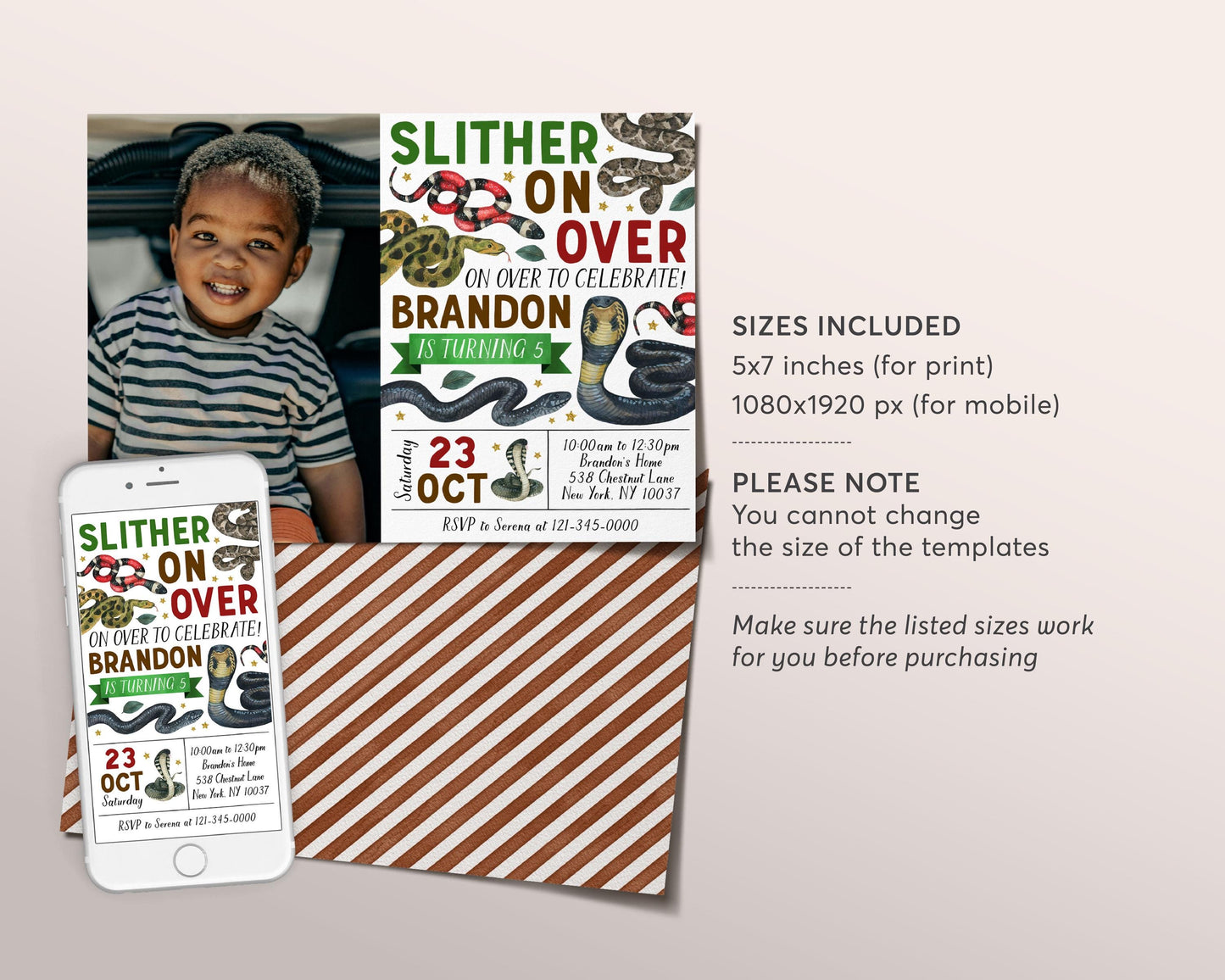 Snake Birthday Invitation With Photo Editable Template, Boy Slither On Over Reptile Show Nature Party Invite, Kids Snakes Outdoor Evite