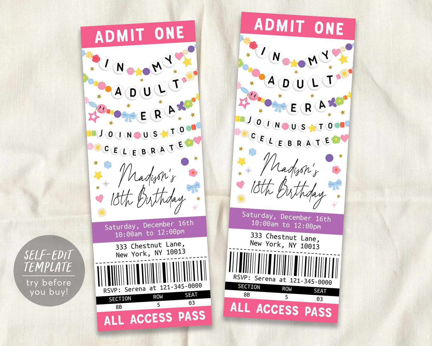 In My Adult Era Ticket Invitation Editable Template