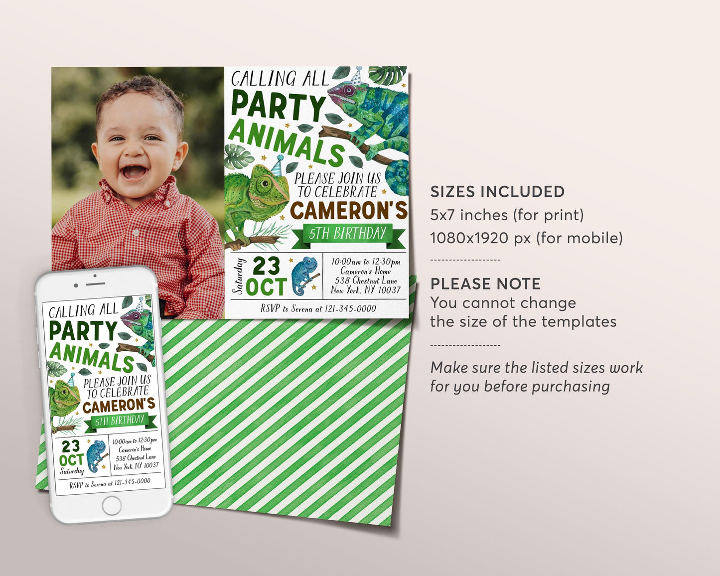 Chameleon Birthday Invitation With Photo Editable Template, Boy Reptile Lizard Party Animal Invite, Kids Chameleons Nature Jungle Evite