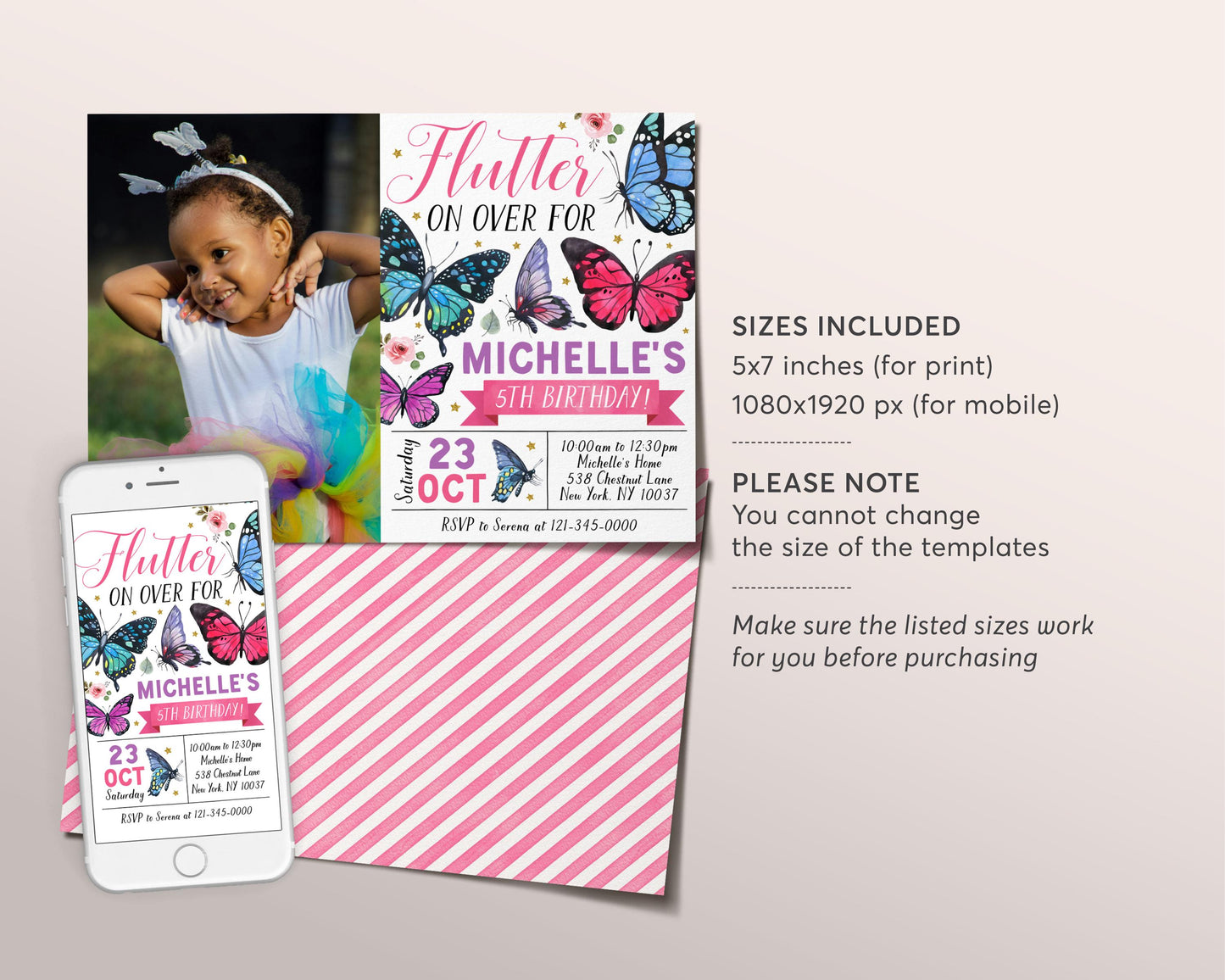 Butterfly Birthday Invitation With Photo Editable Template, Girl Flutter On Over Party Invite, Kids Floral Butterflies Garden Nature Evite
