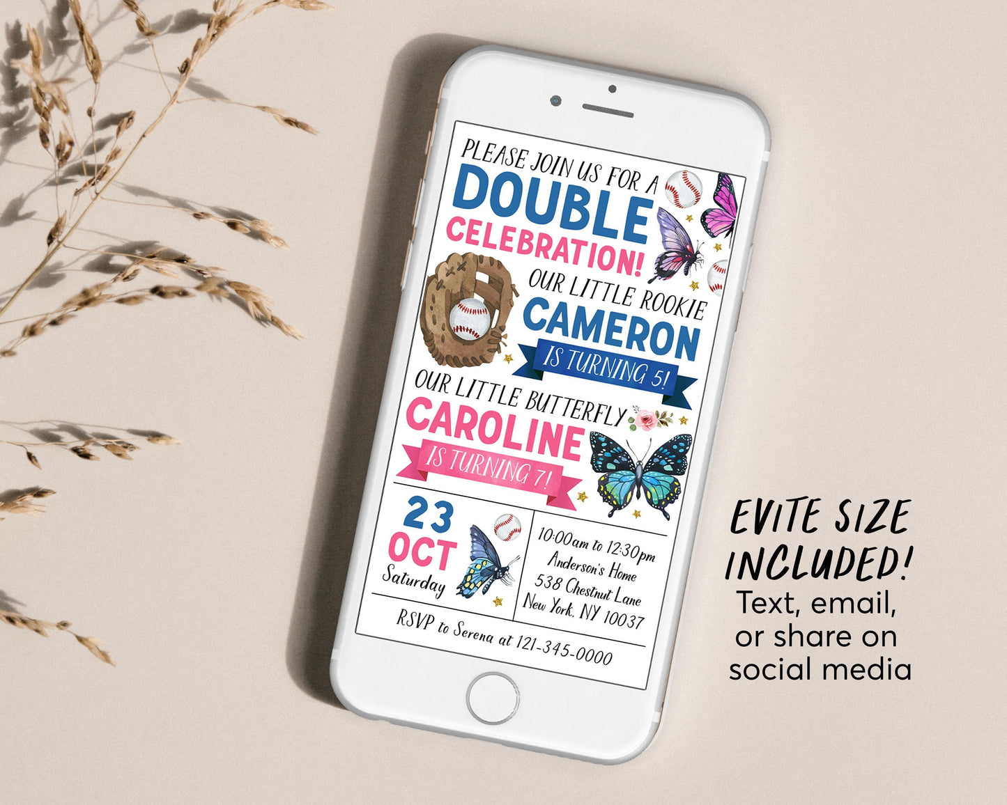 Butterfly Baseball Joint Siblings Birthday Invitation With Photo Editable Template, Girl Boy Butterflies Sports Party Invite Double Evite