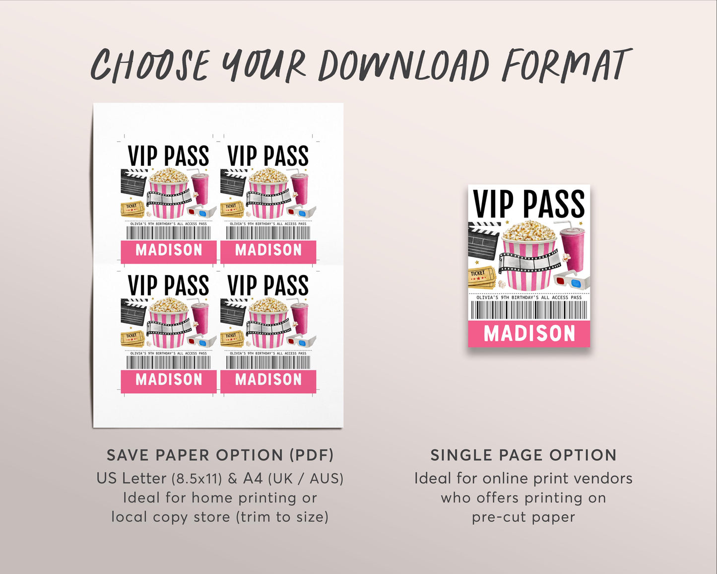 Movie Night VIP Pass Editable Template, Girl Movie Party All Access Pass, Hollywood Popcorn Party Name Insert, ID Badge VIP Insert Lanyard